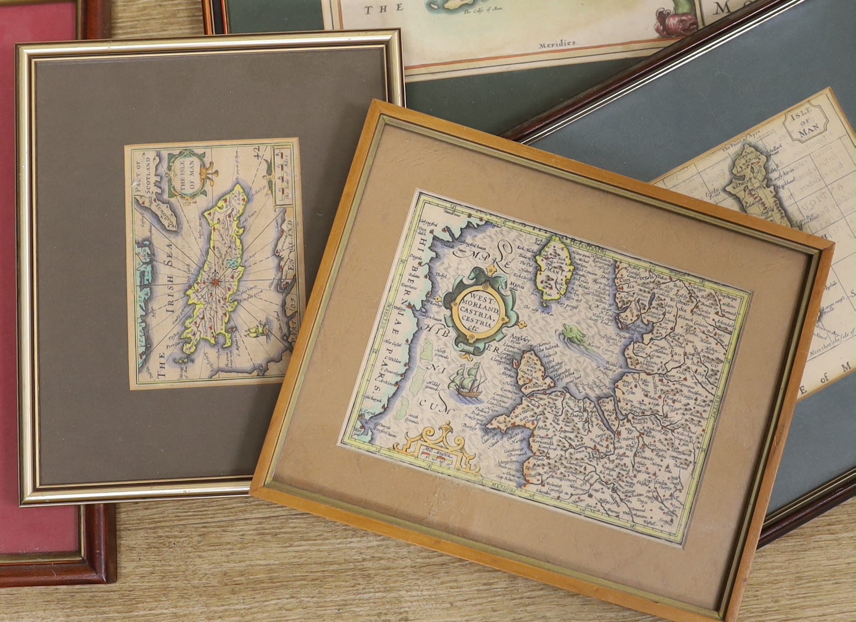 Twelve antique and later maps of the Isle of Man, including examples by Robert Sayer, Herman Moll and Richard Blome, mostly hand coloured, largest 38 x 28cm